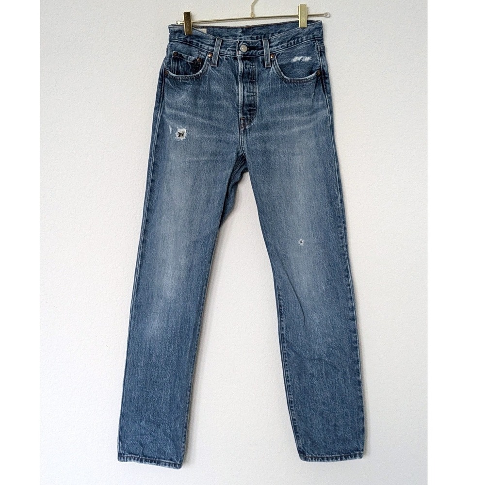 Levi's 501 Original Fit Jeans Women‎ 25 Blue Straight Leg High Rise Distressed